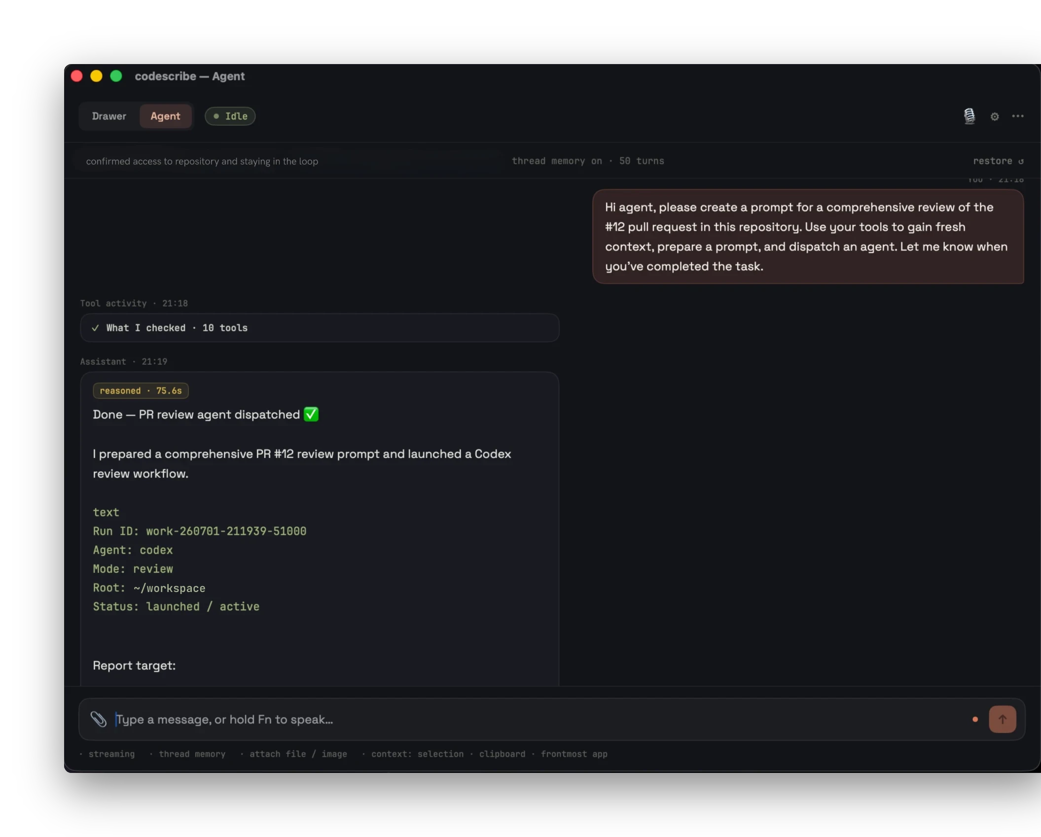 codescribe agent chat — voice-dispatched PR review: tool activity, reasoned reply, agent run started
