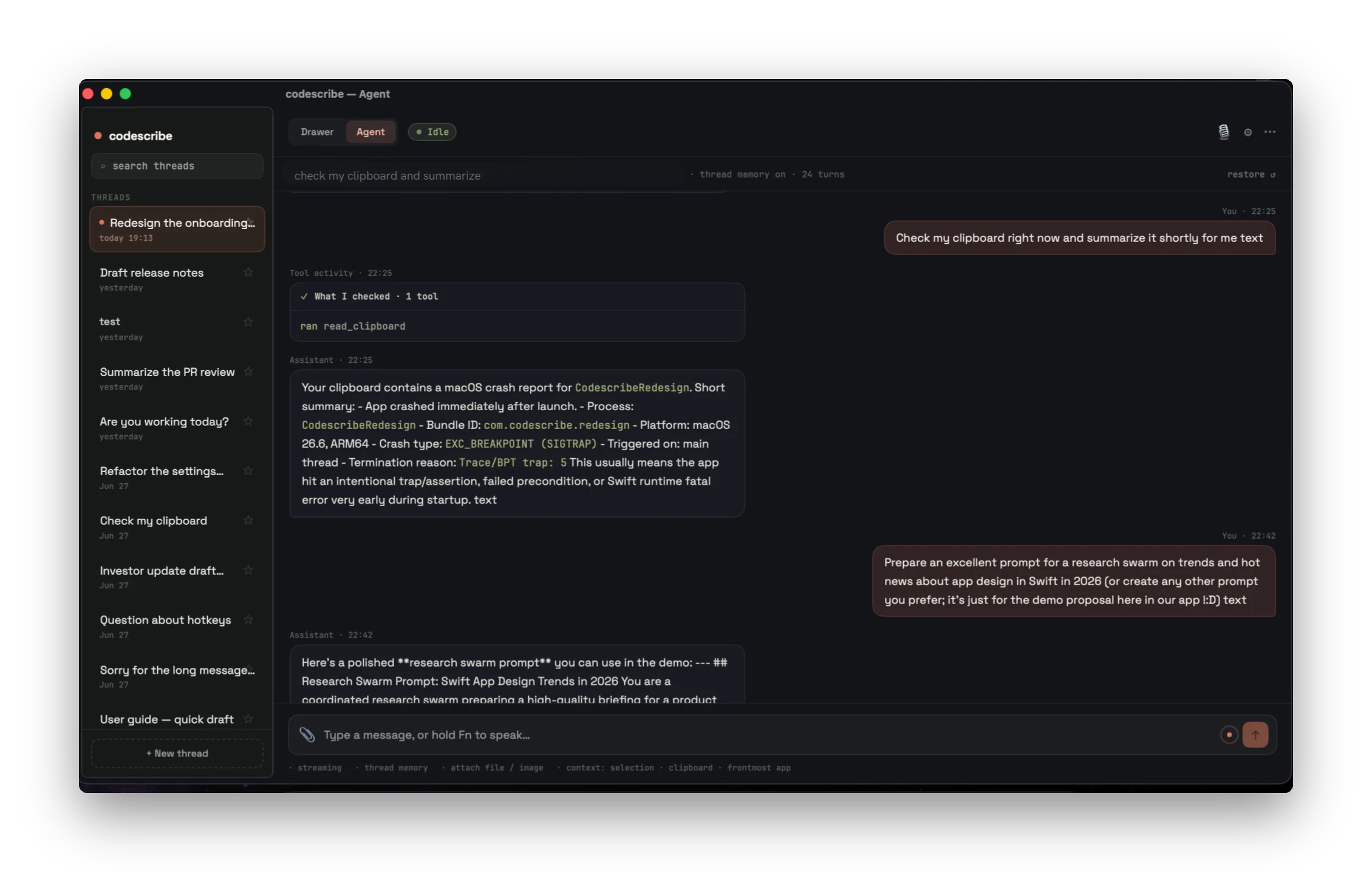 codescribe threads / voice history rail with restore