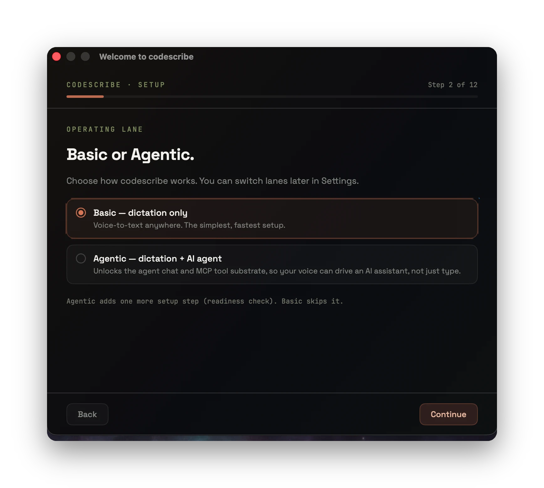 codescribe onboarding — step 1: operating lane, Basic or Agentic