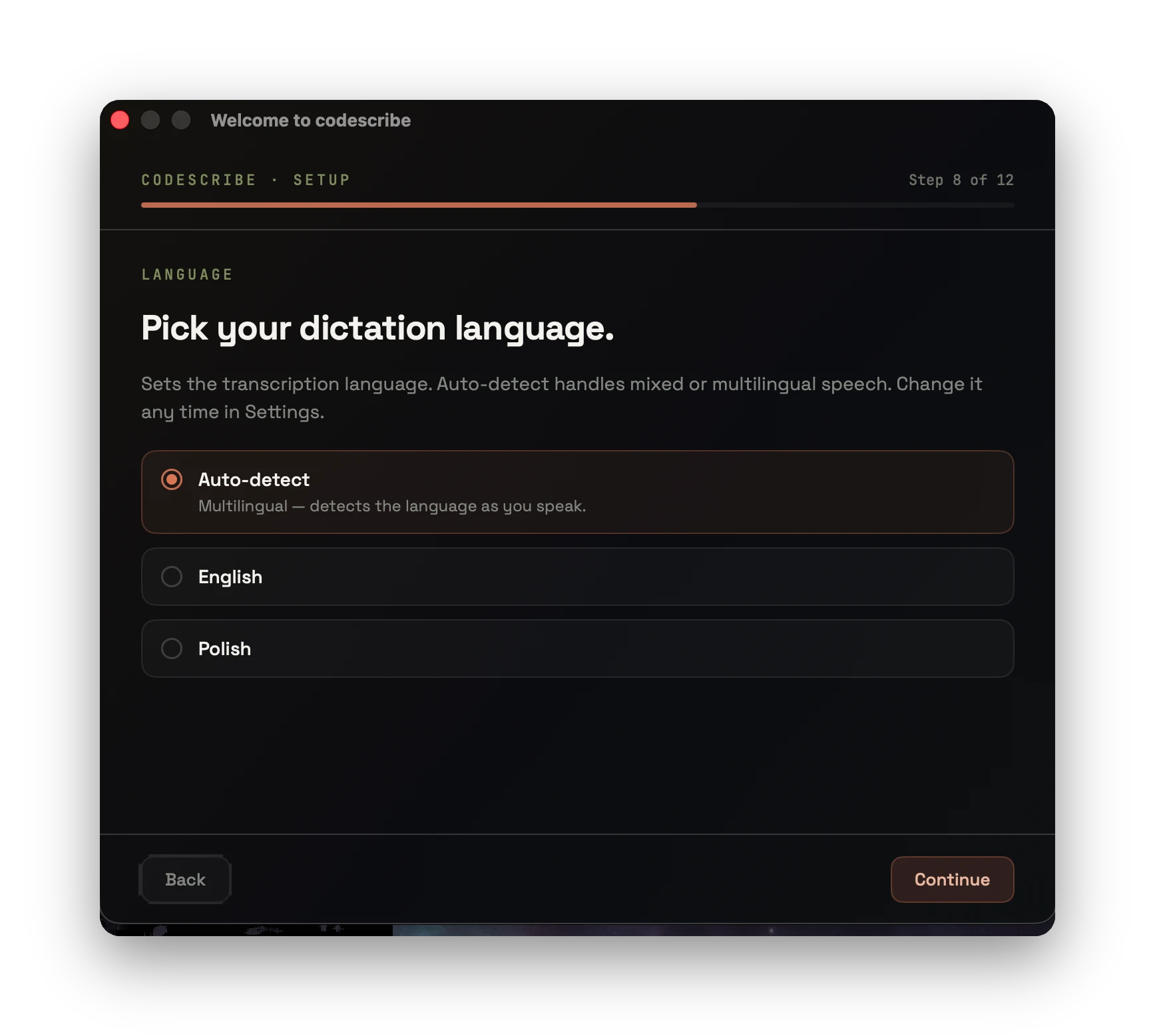 codescribe onboarding — step 3: dictation language, auto-detect