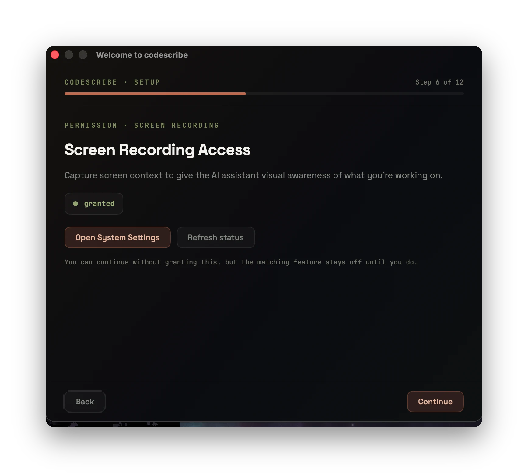 codescribe onboarding — step 2: screen recording, permission granted