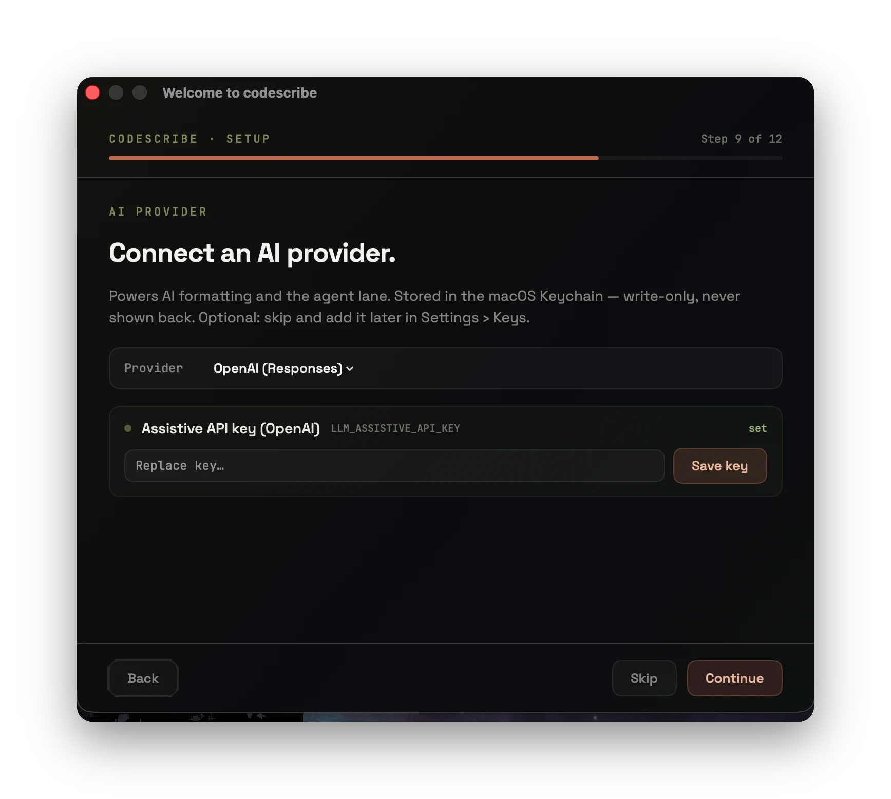 codescribe onboarding — step 4: AI provider, OpenAI · Keychain