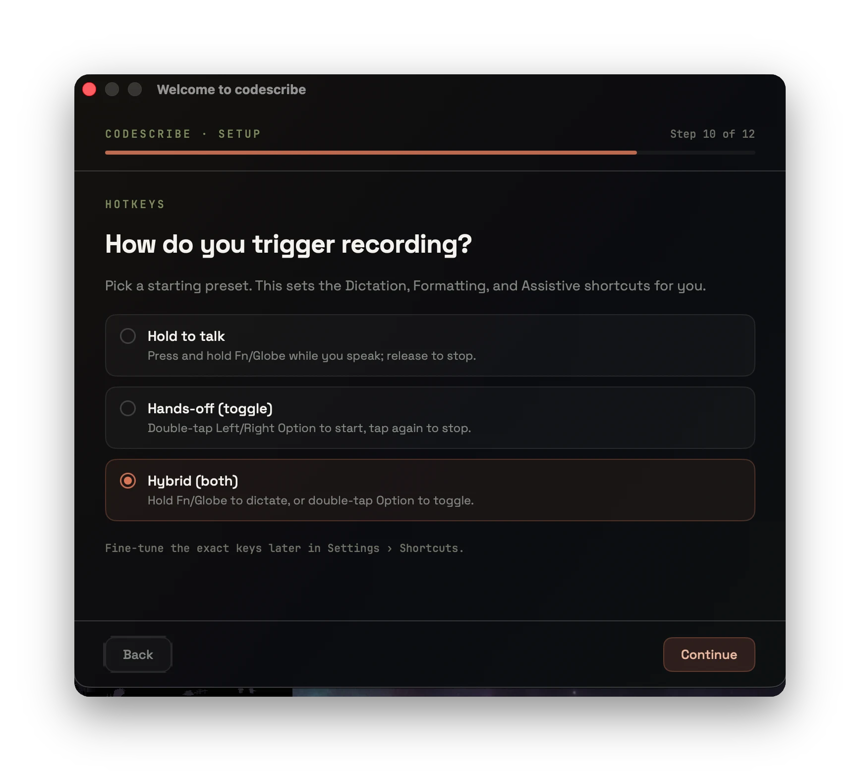 codescribe onboarding — step 5: trigger hotkeys, hold · toggle · hybrid