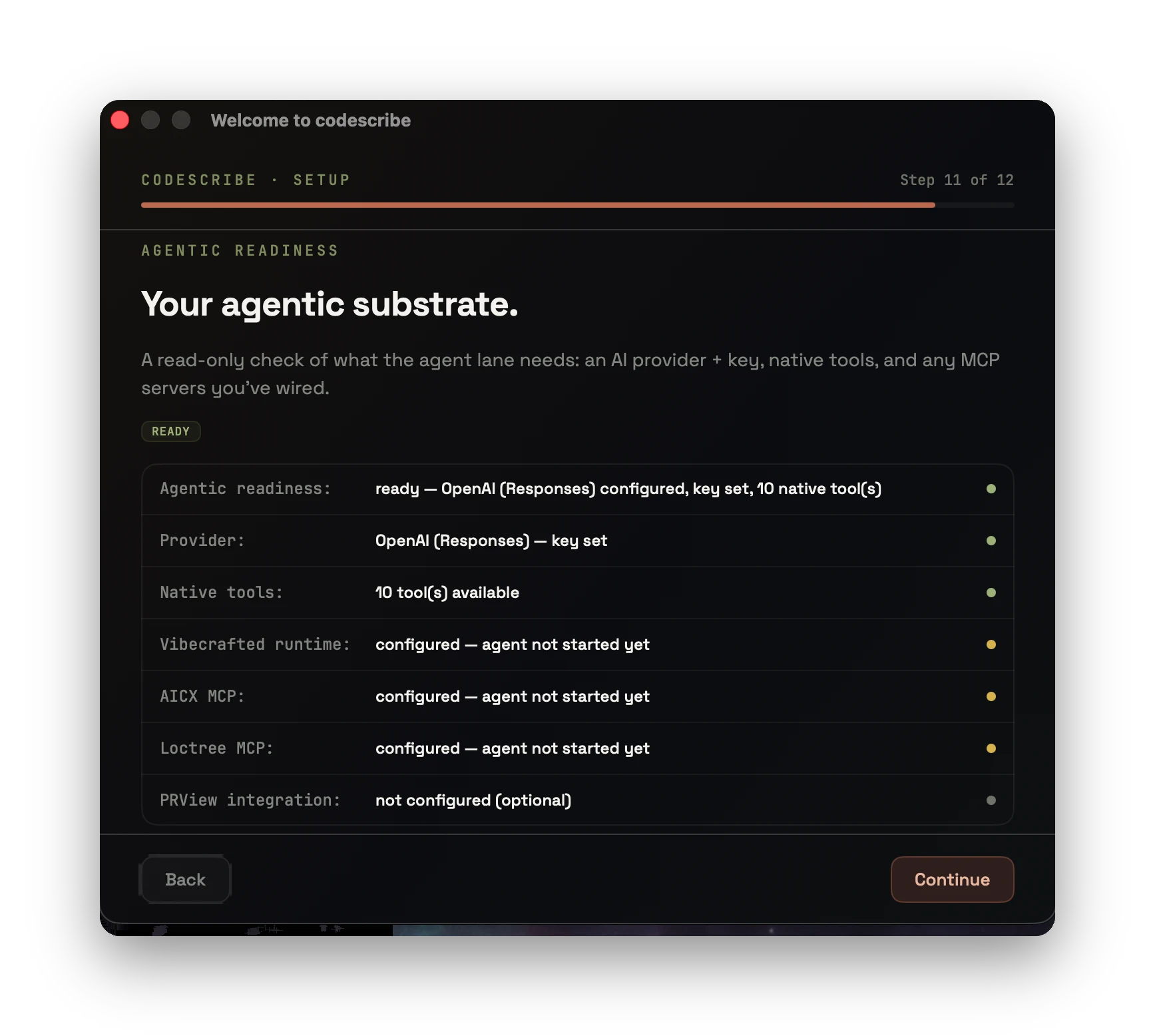 codescribe onboarding — step 6: agentic readiness, provider · tools · MCP