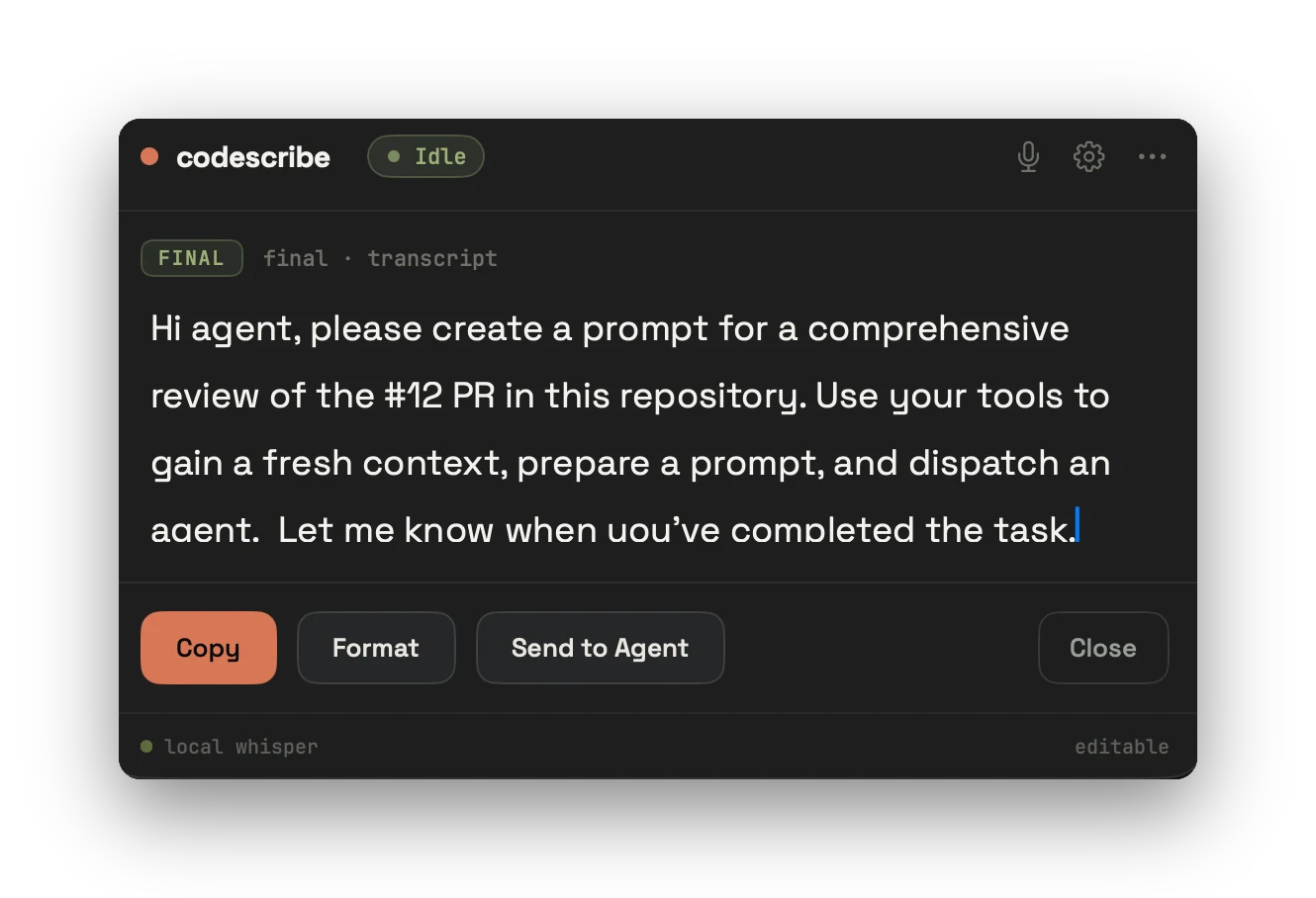 codescribe dictation overlay — final transcript